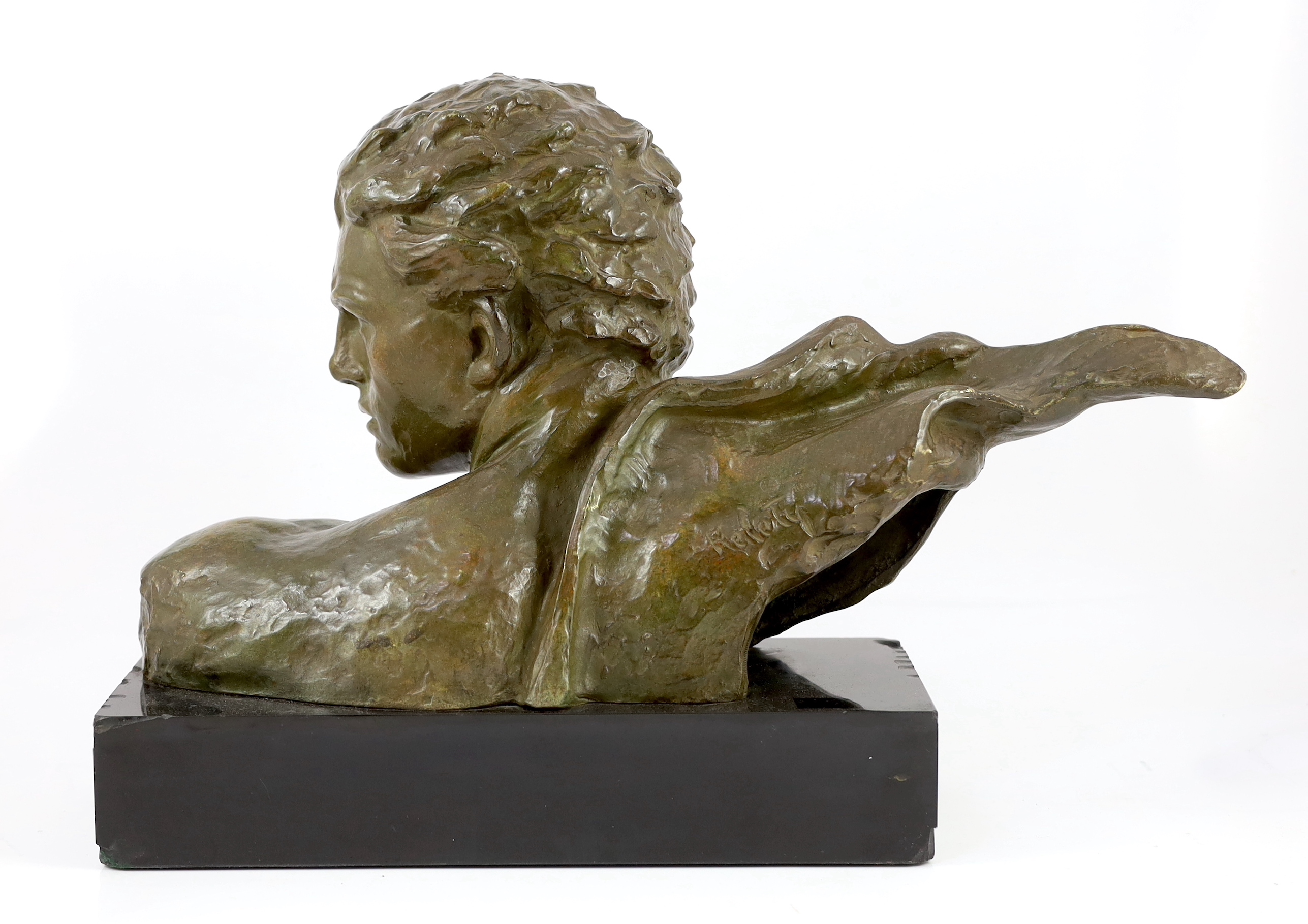 Alexandre Kelety (French/Hungarian, 1874-1940). A bronze 'Buste de Jean Mermoz à l'écharpe', 53cm wide, 36cm high